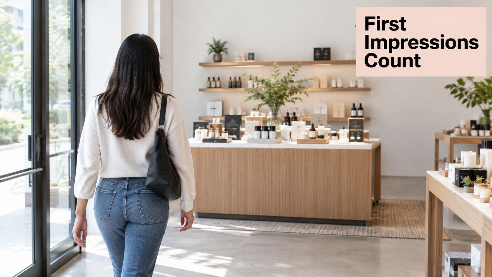 A woman enters a boutique retail store featuring modern wooden display counters filled with skincare products.