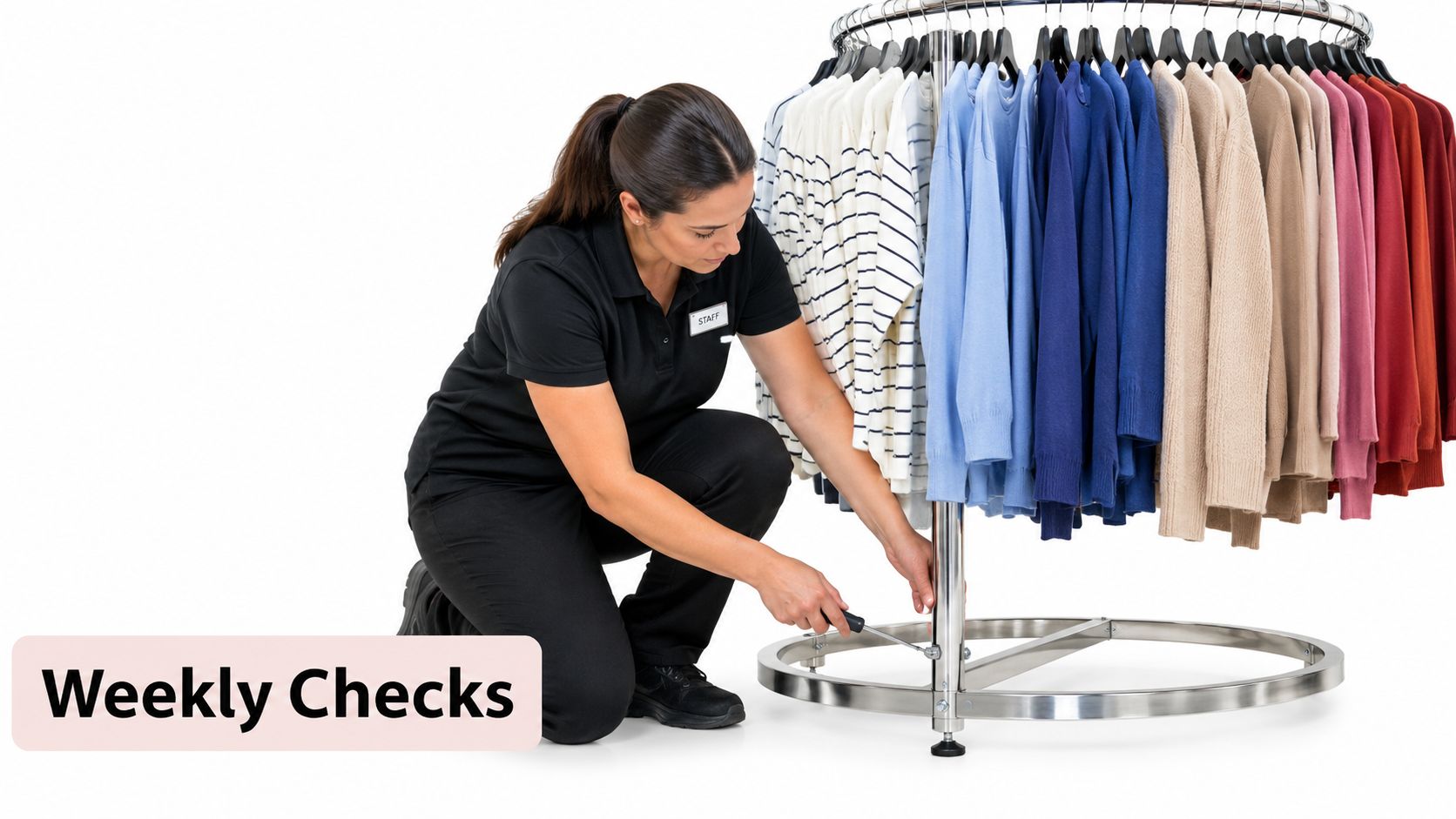 A staff member in a black uniform kneeling while tightening a bolt on a round clothing rail.