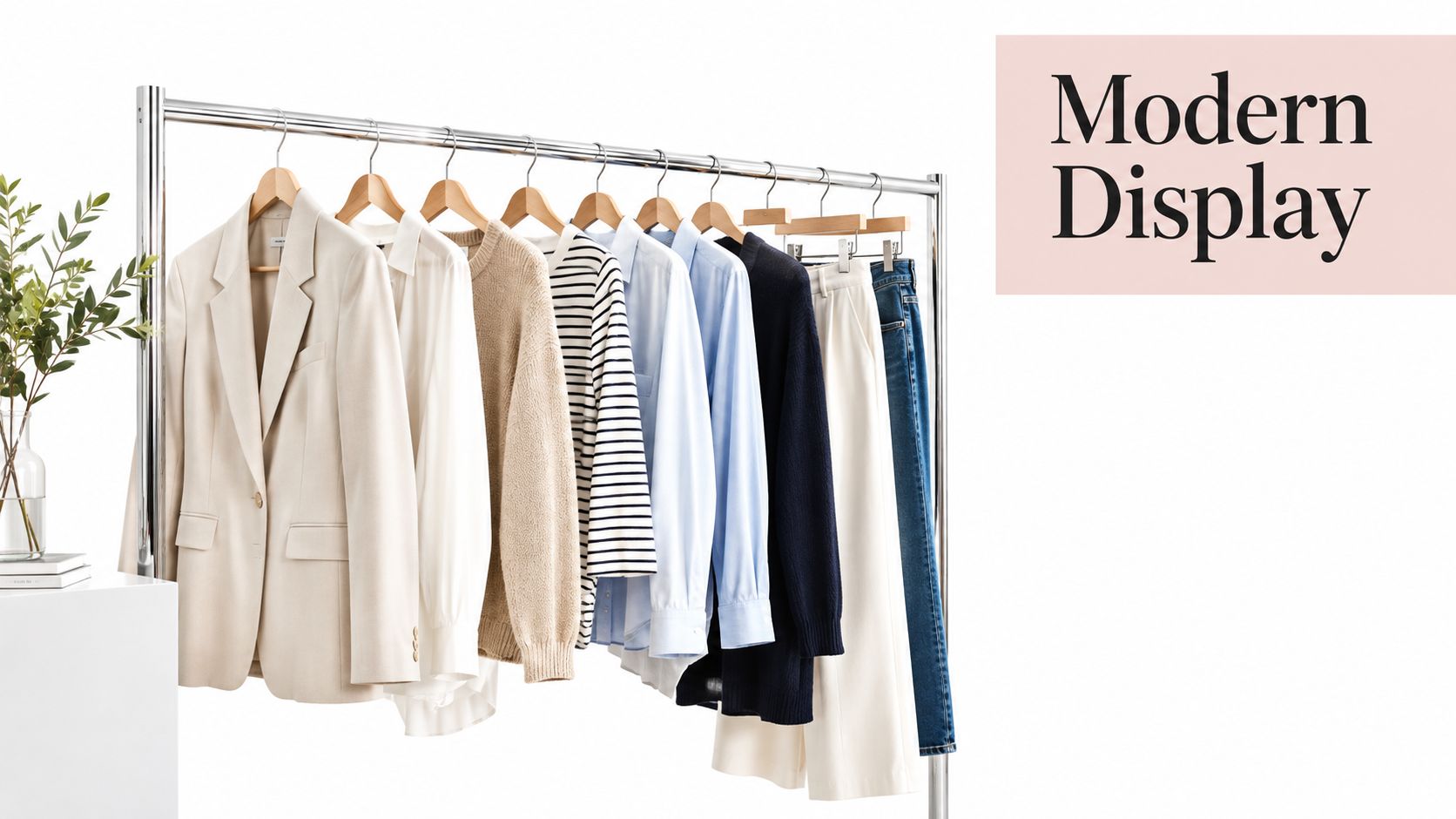 A modern silver clothing rail displaying a curated selection of neutral-toned shirts, sweaters, pants, and denim jeans.