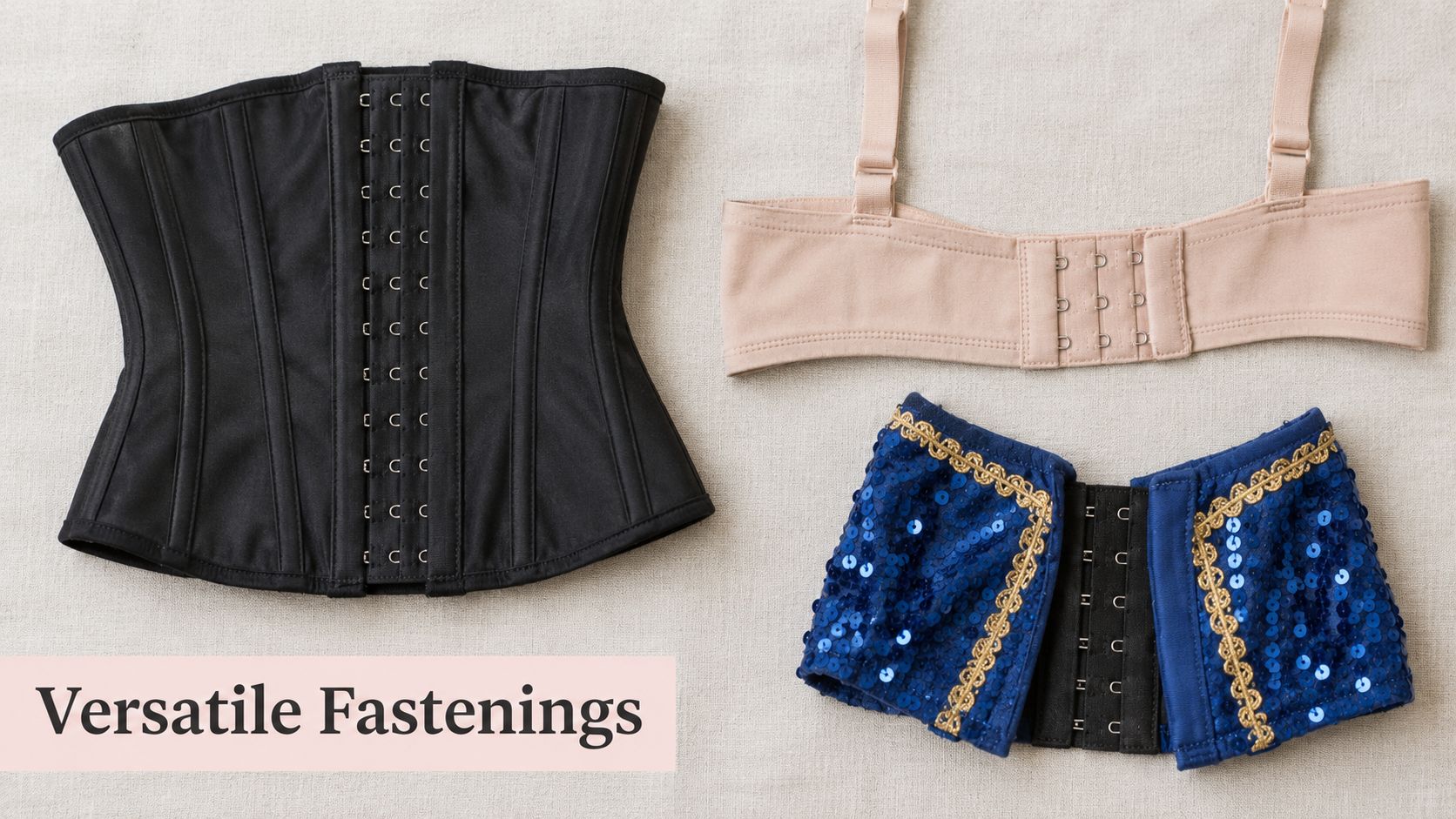 A black waist cincher, a beige bra, and a blue sequined bodice with hook and eye fastenings.