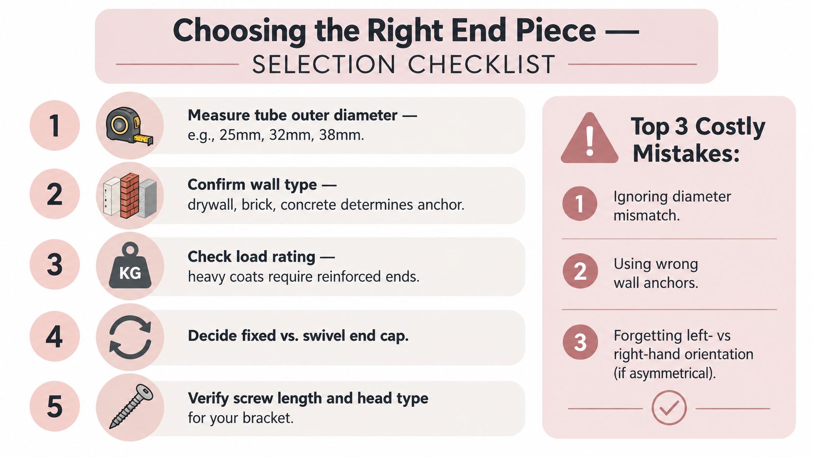 A selection checklist for choosing the right end pieces for clothes rails, showing five numbered steps and top mistakes.