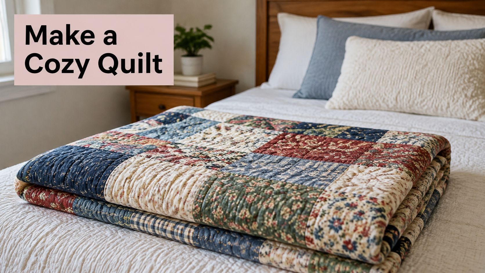 A cozy, colorful patchwork quilt folded neatly on a white bed in a comfortable bedroom setting.