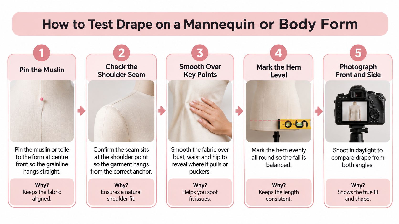 A five-step infographic showing how to test a fabric drape on a mannequin or body form.