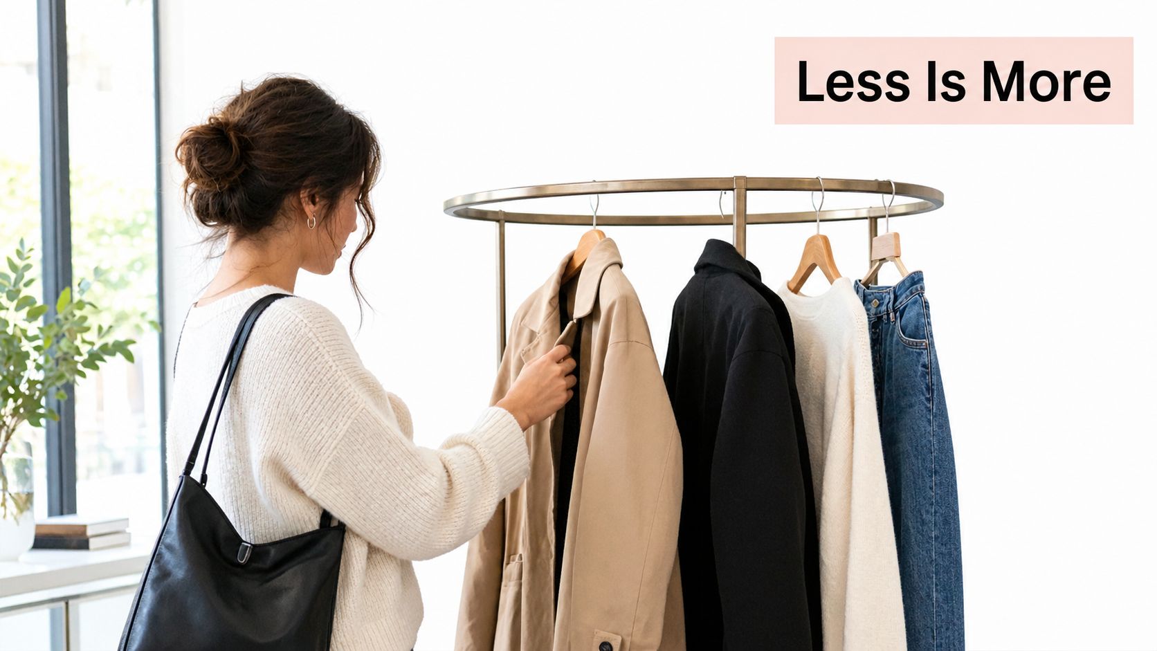 A woman browses clothes on a minimalist round clothing rail in a bright, modern studio setting.
