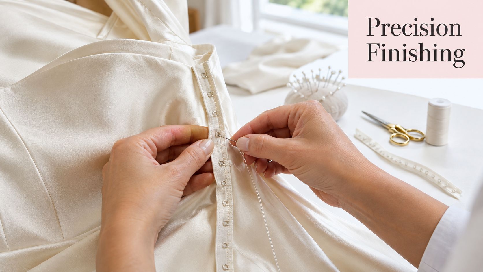 A seamstress carefully hand-sewing hook and eye tape onto the bodice of a white satin wedding dress.