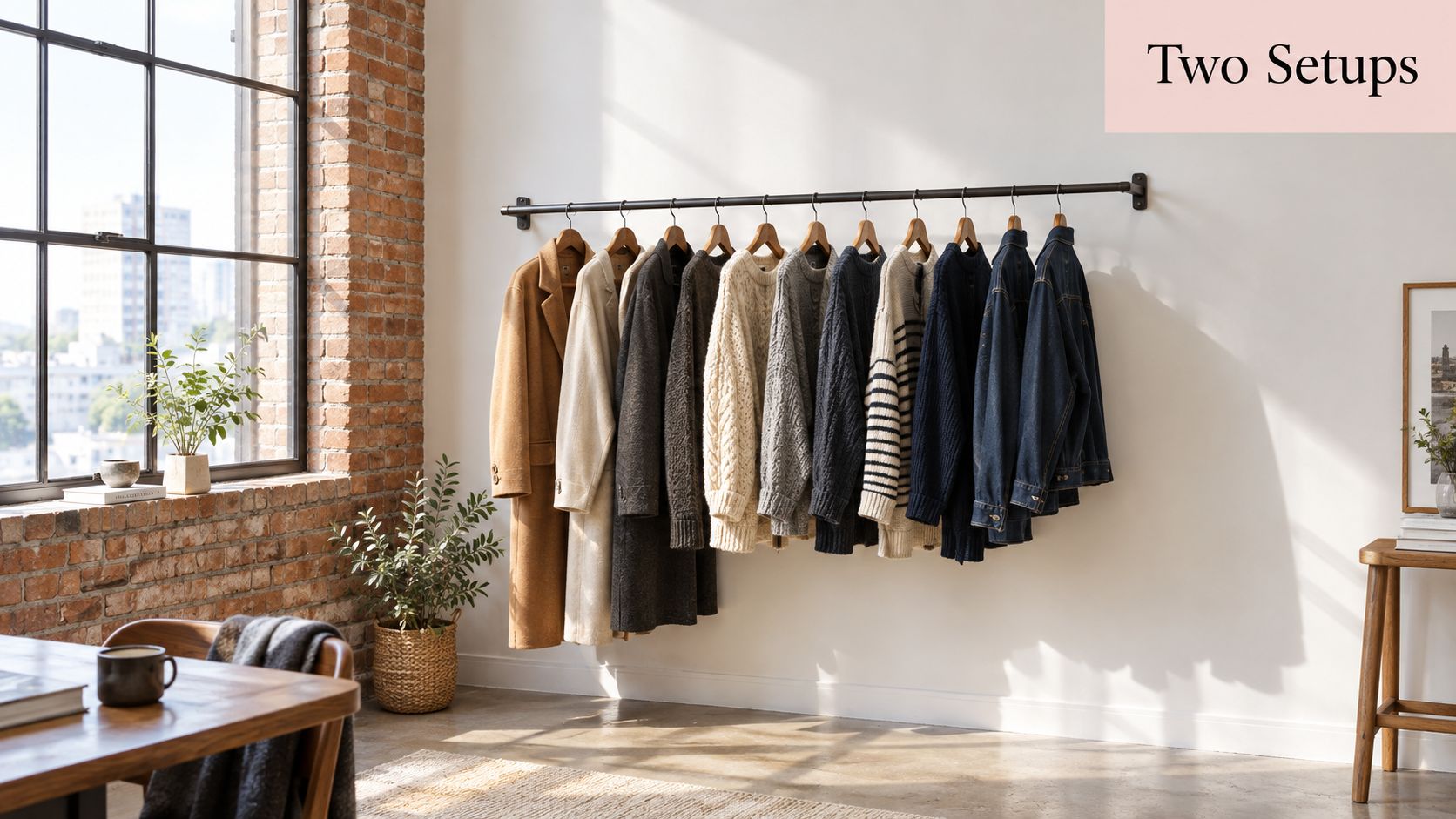 A minimalist industrial clothes rail mounted on a white wall displaying a curated collection of winter garments.