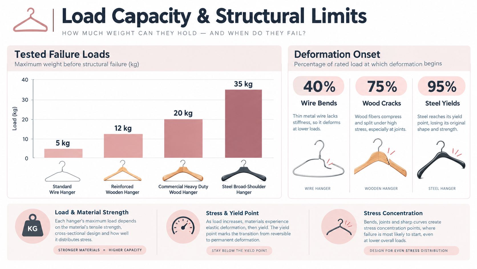 An infographic showing the load capacities and structural failure points for four types of clothes hangers.