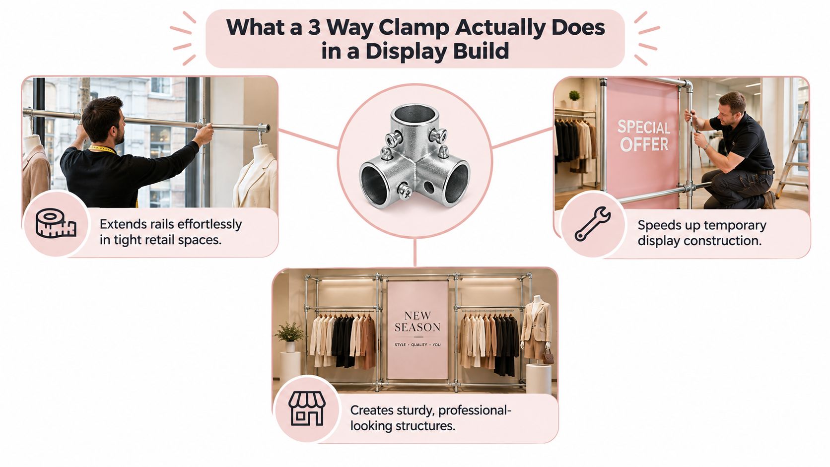 An infographic showing the practical uses of a 3-way pipe clamp for building professional retail displays.