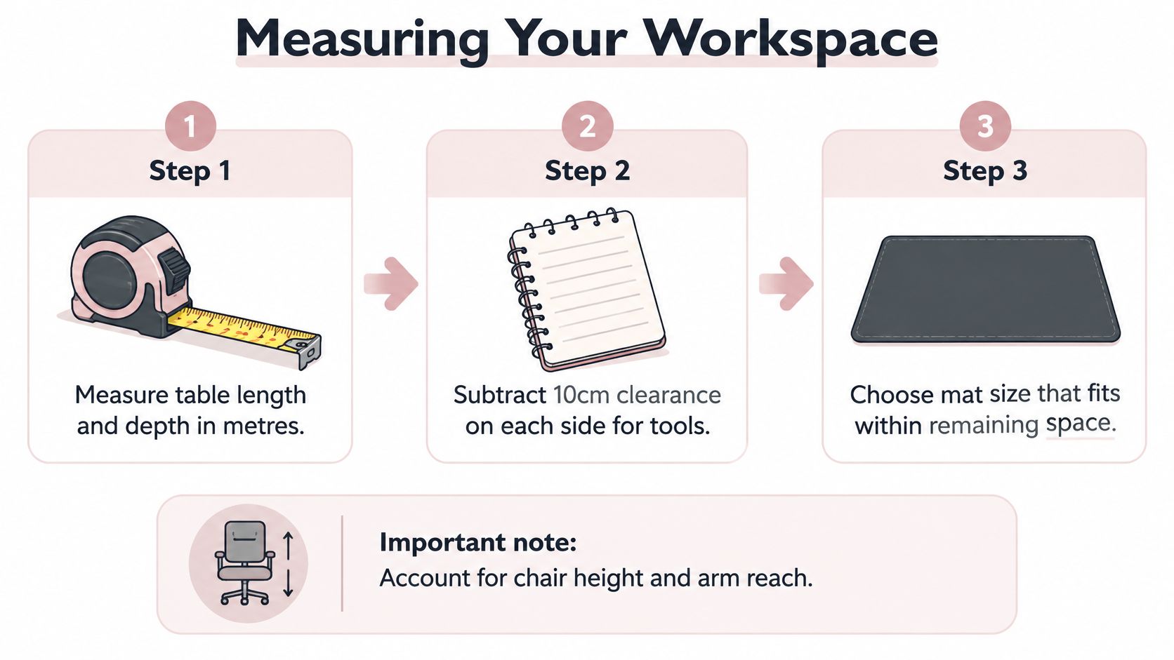 A three-step infographic explaining how to measure a workspace for choosing the correct mat size.