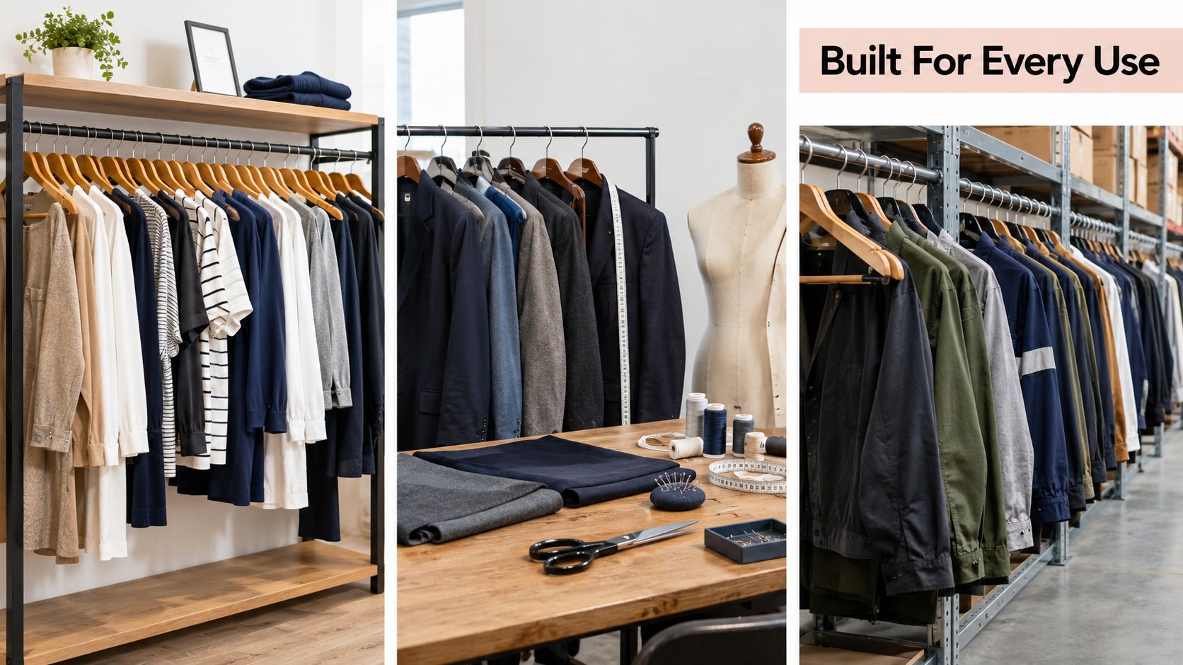 A collage showing various clothing displays including hanging racks and a professional tailor workspace with hangers.
