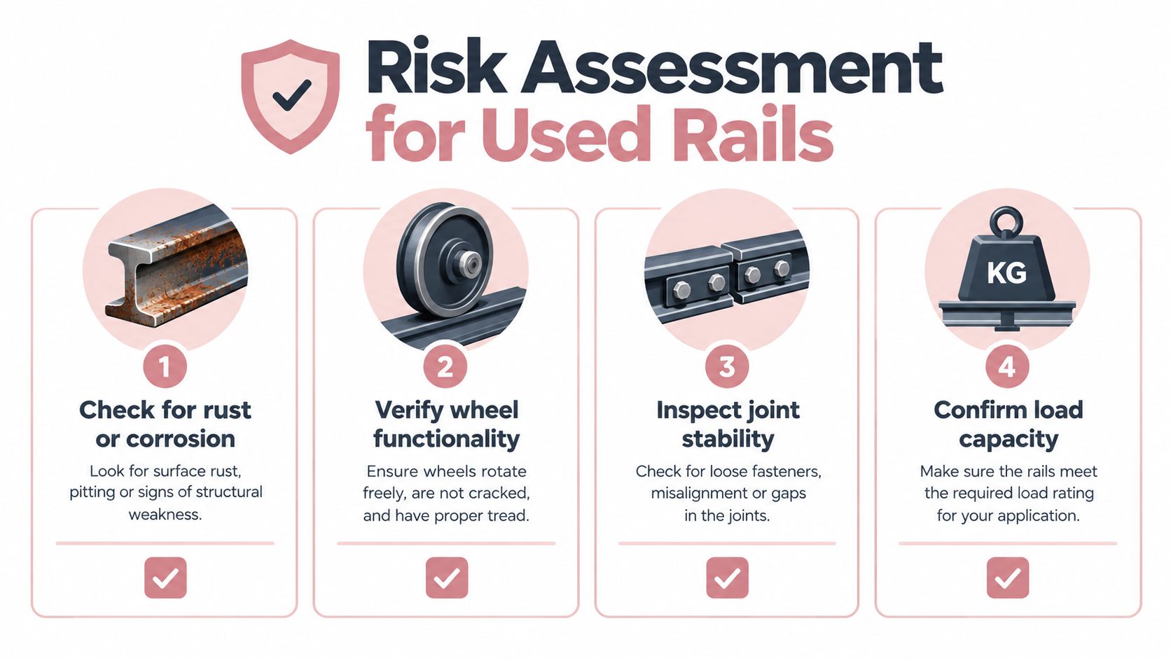 An infographic detailing a four-step risk assessment process for inspecting and verifying the safety of used rails.