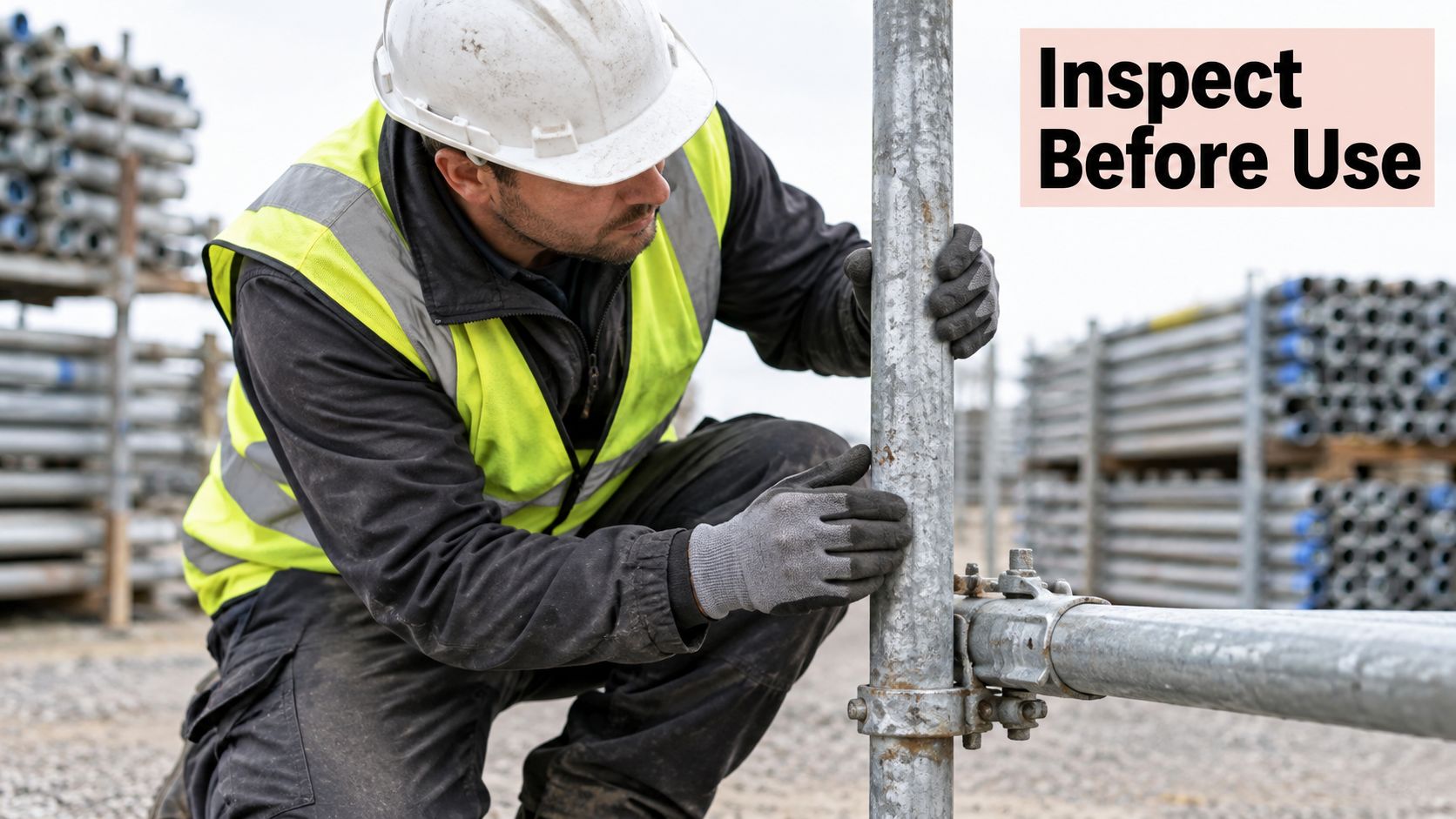 A construction worker in a high-visibility vest inspects a steel scaffolding pole on a construction site.
