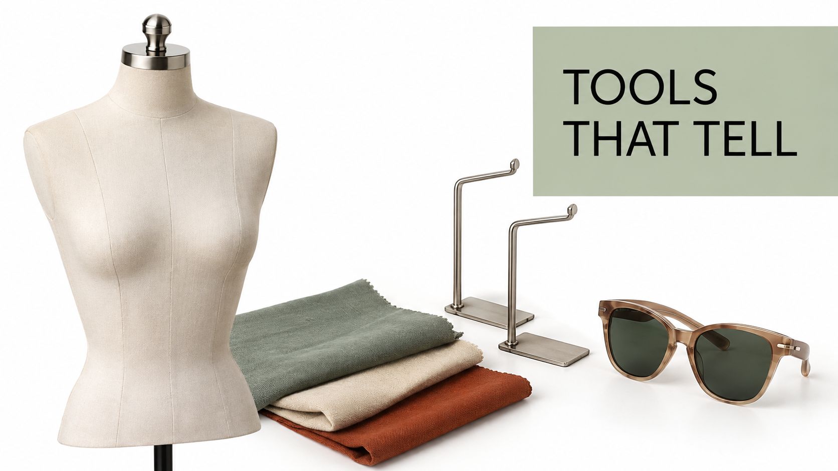 A beige dressmaker mannequin, folded fabric swatches, metal displays, and sunglasses on a white studio background.