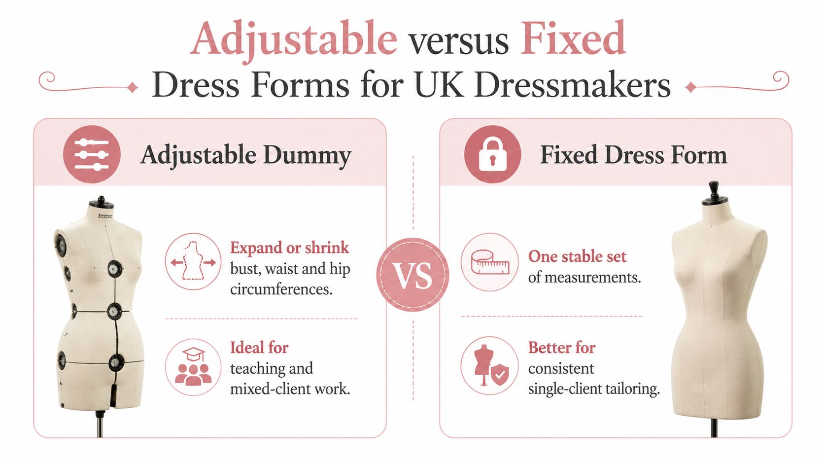 A comparison graphic between adjustable dressmaker dummies and fixed dress forms for tailoring and sewing projects.