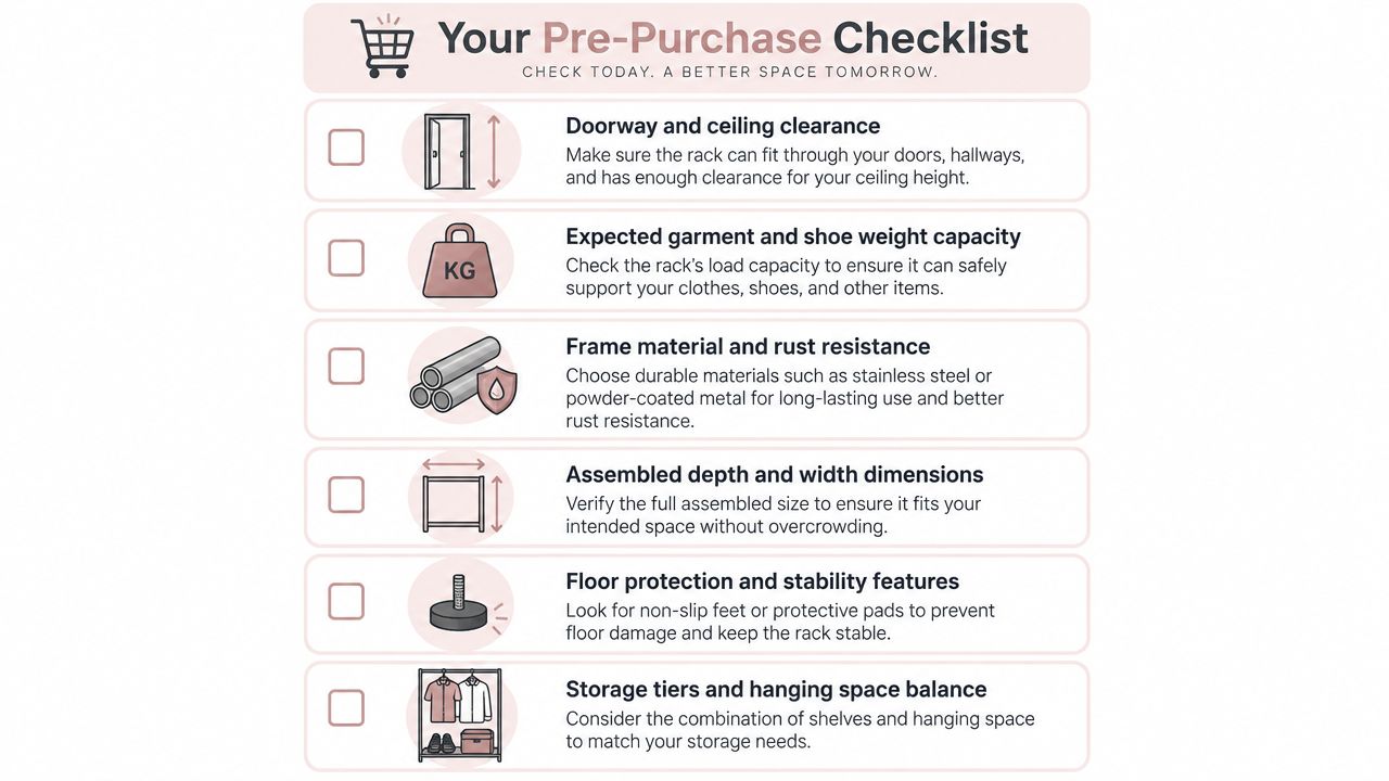 A pre-purchase checklist for choosing a clothes rail and shoe rack for your home organization.