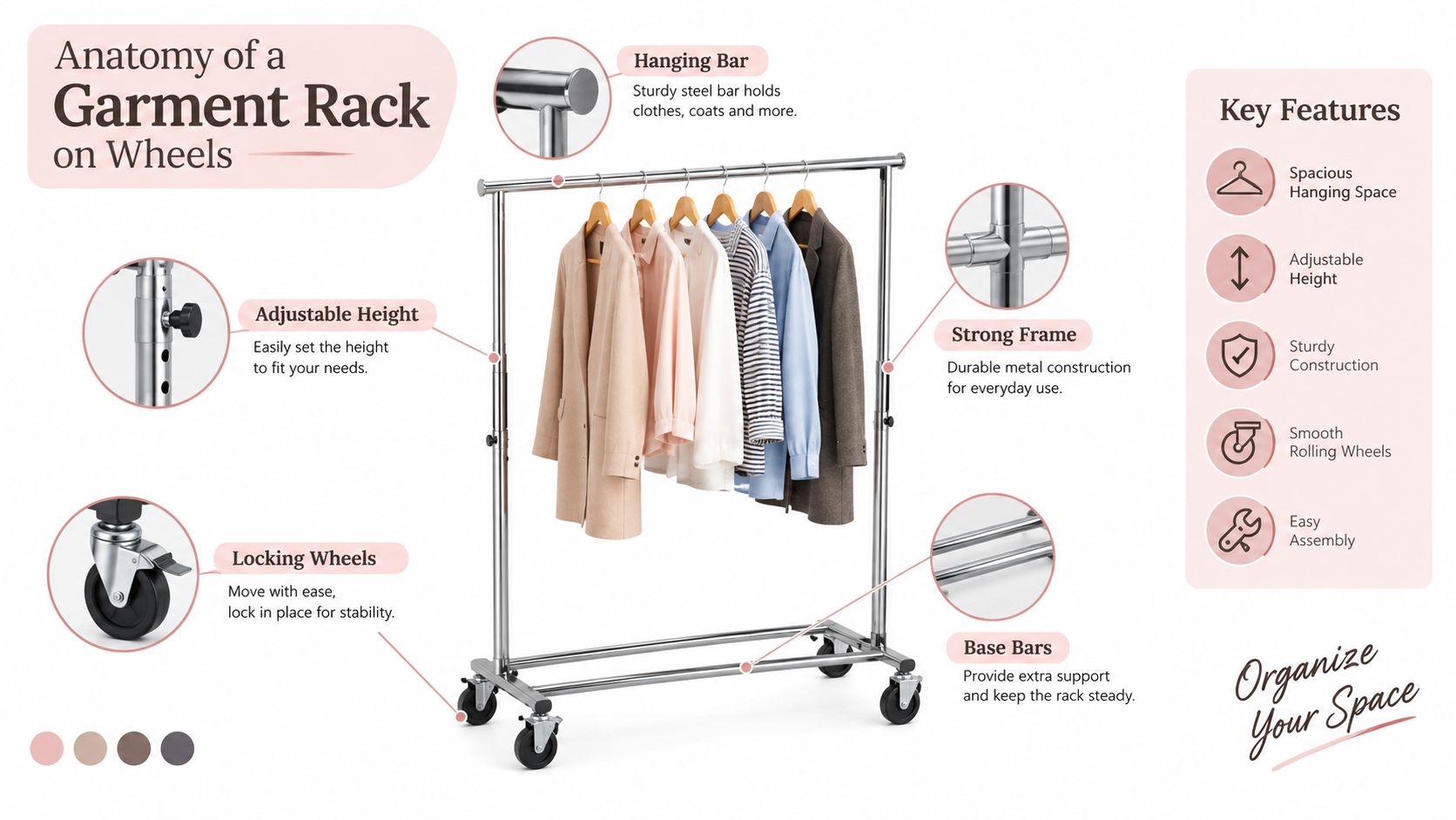Anatomy diagram of a sturdy metal garment rack on wheels with adjustable height and clothing displayed.