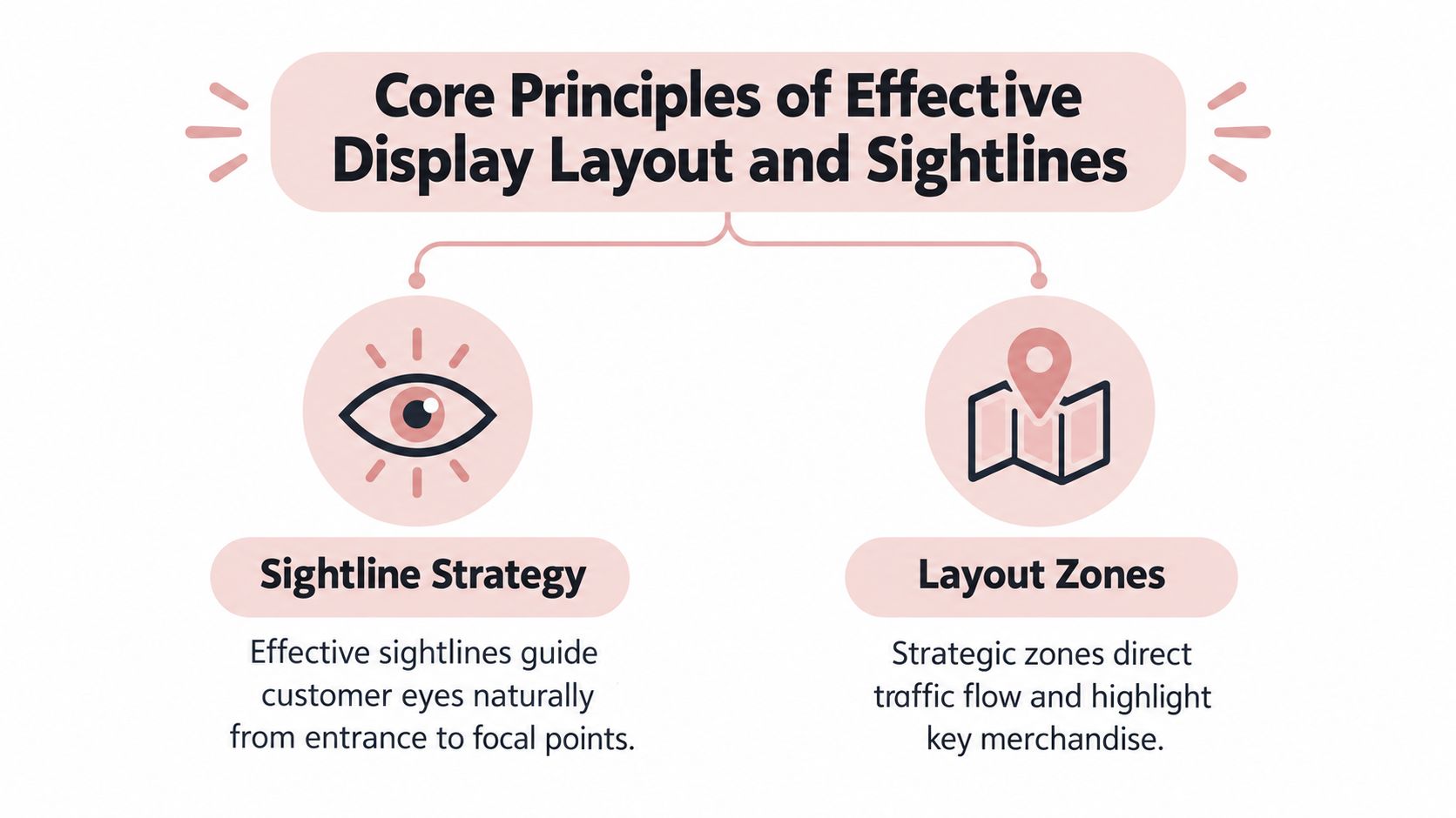 An infographic illustrating two core principles of effective visual merchandising displays: sightline strategy and layout zones.