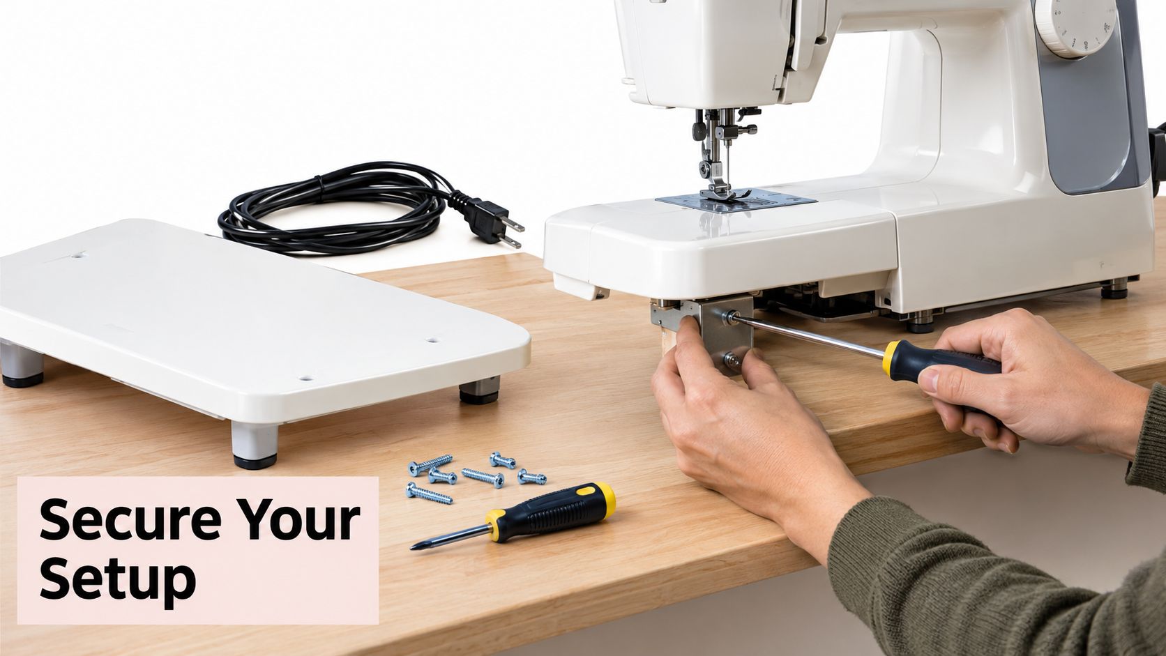 A person using a screwdriver to attach an extension table to a sewing machine on a wooden desk.