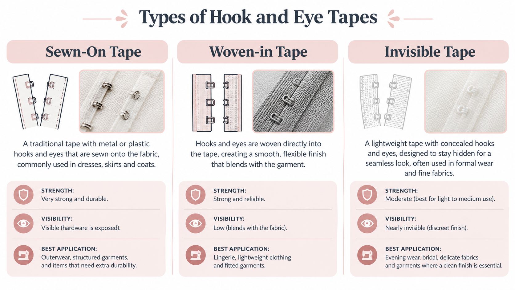 A comparison chart explaining the differences between sewn-on, woven-in, and invisible hook and eye tape types.