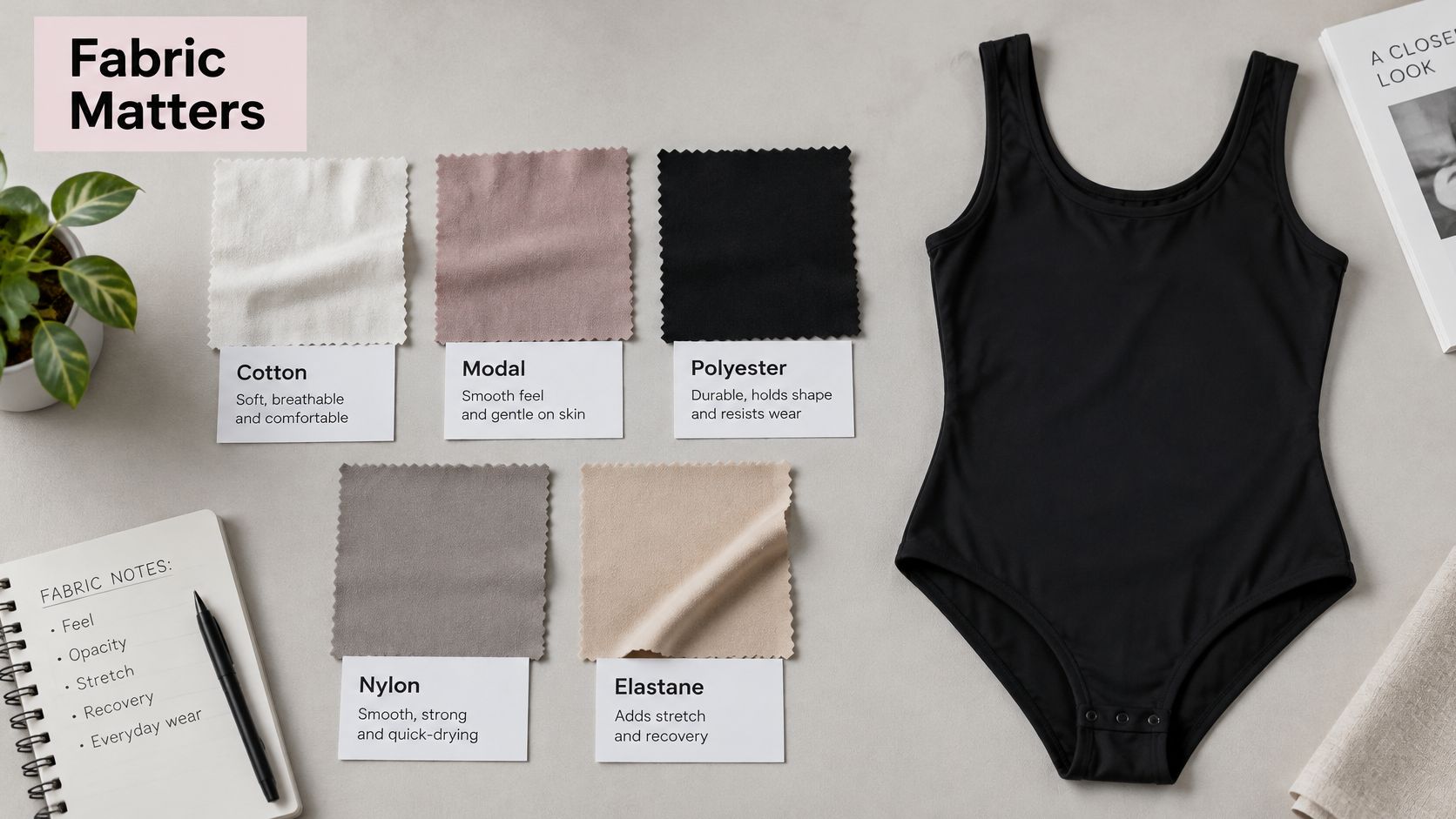 Fabric samples labeled with material names and characteristics next to a black sleeveless bodysuit on display.