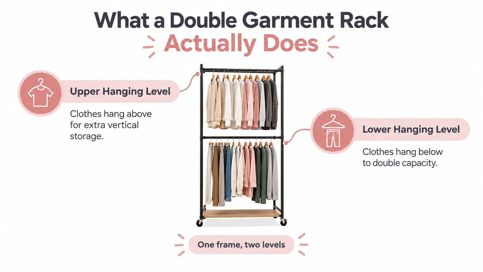 A double garment rack showing two levels of hanging space for clothes against a white background.