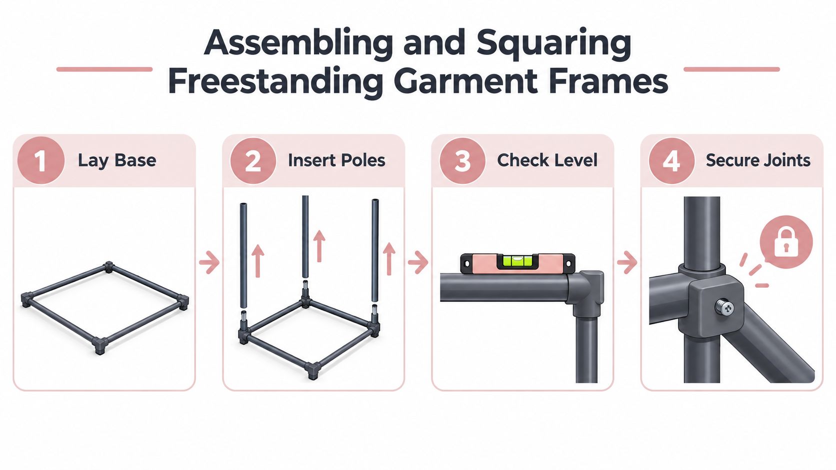 A four-step instructional graphic showing how to assemble a freestanding garment rail frame with metal poles.