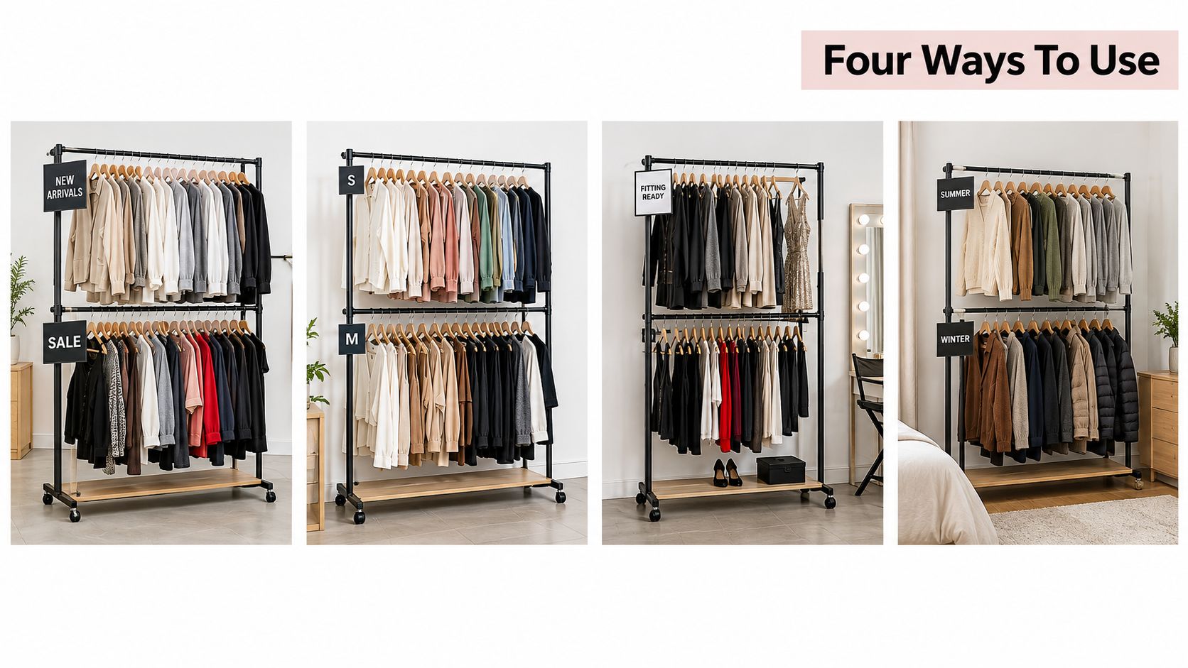 Four different ways to use a double garment rack for organizing clothing by category, size, or season.