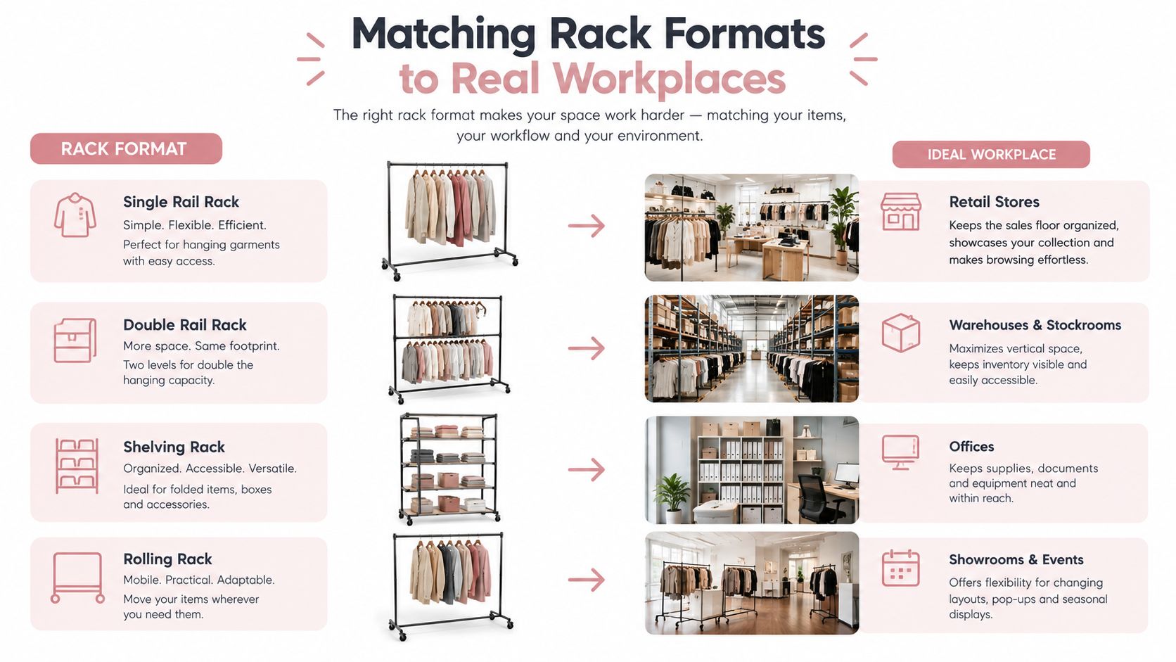 A chart illustrating different types of garment racks matched to their ideal retail, warehouse, office, and event workplaces.