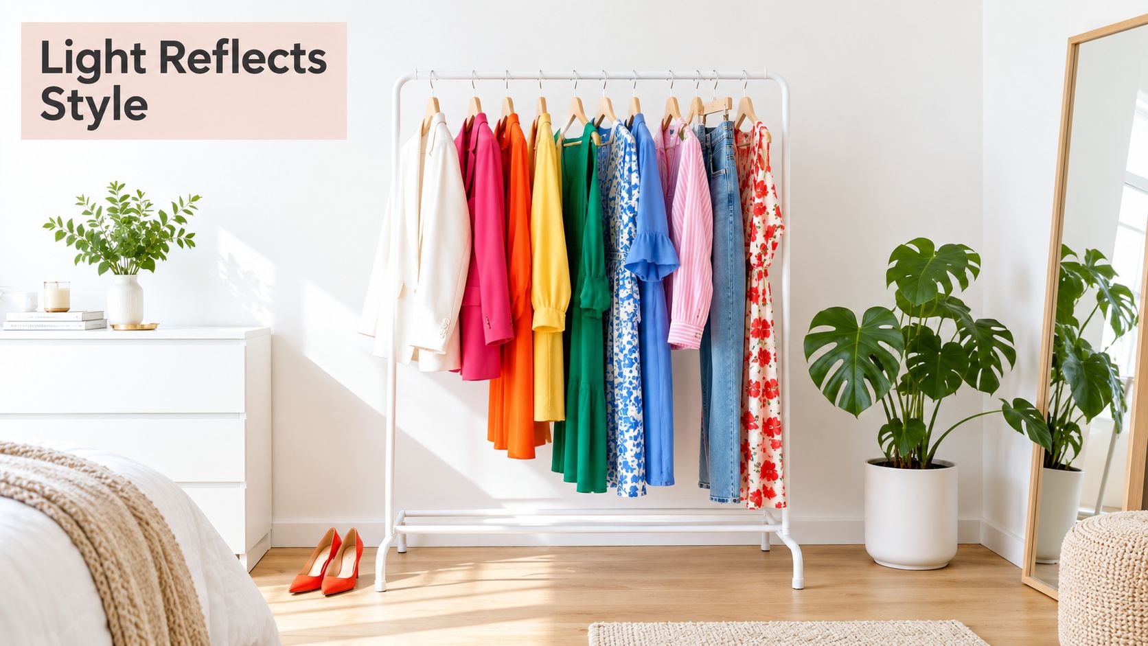 A modern white clothing rack displaying a vibrant collection of colorful garments in a bright bedroom.