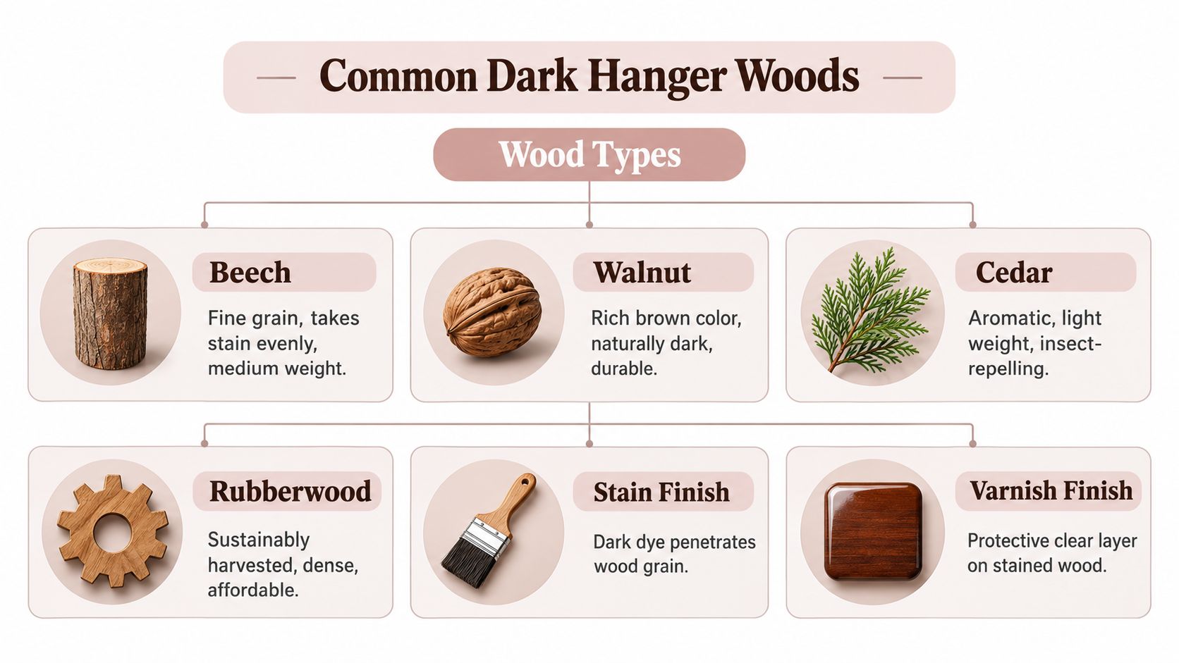A diagram illustrating different types of dark woods and finishes used for making clothing hangers.