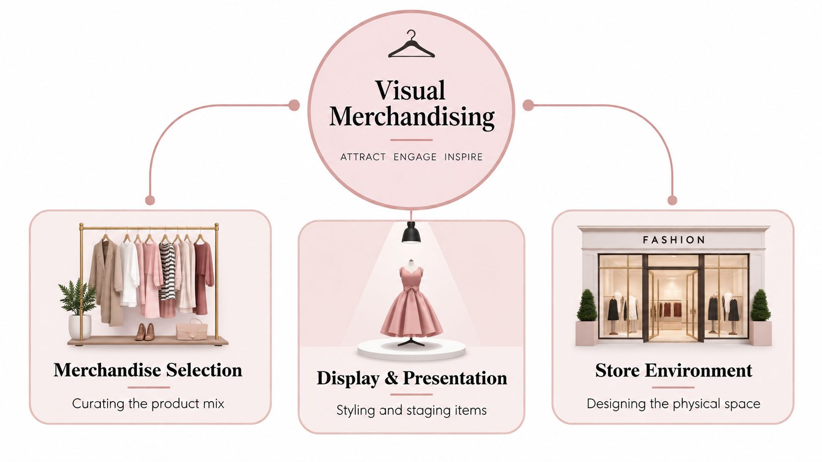 A diagram illustrating visual merchandising, showing its three main components: merchandise selection, display and presentation, and store environment.
