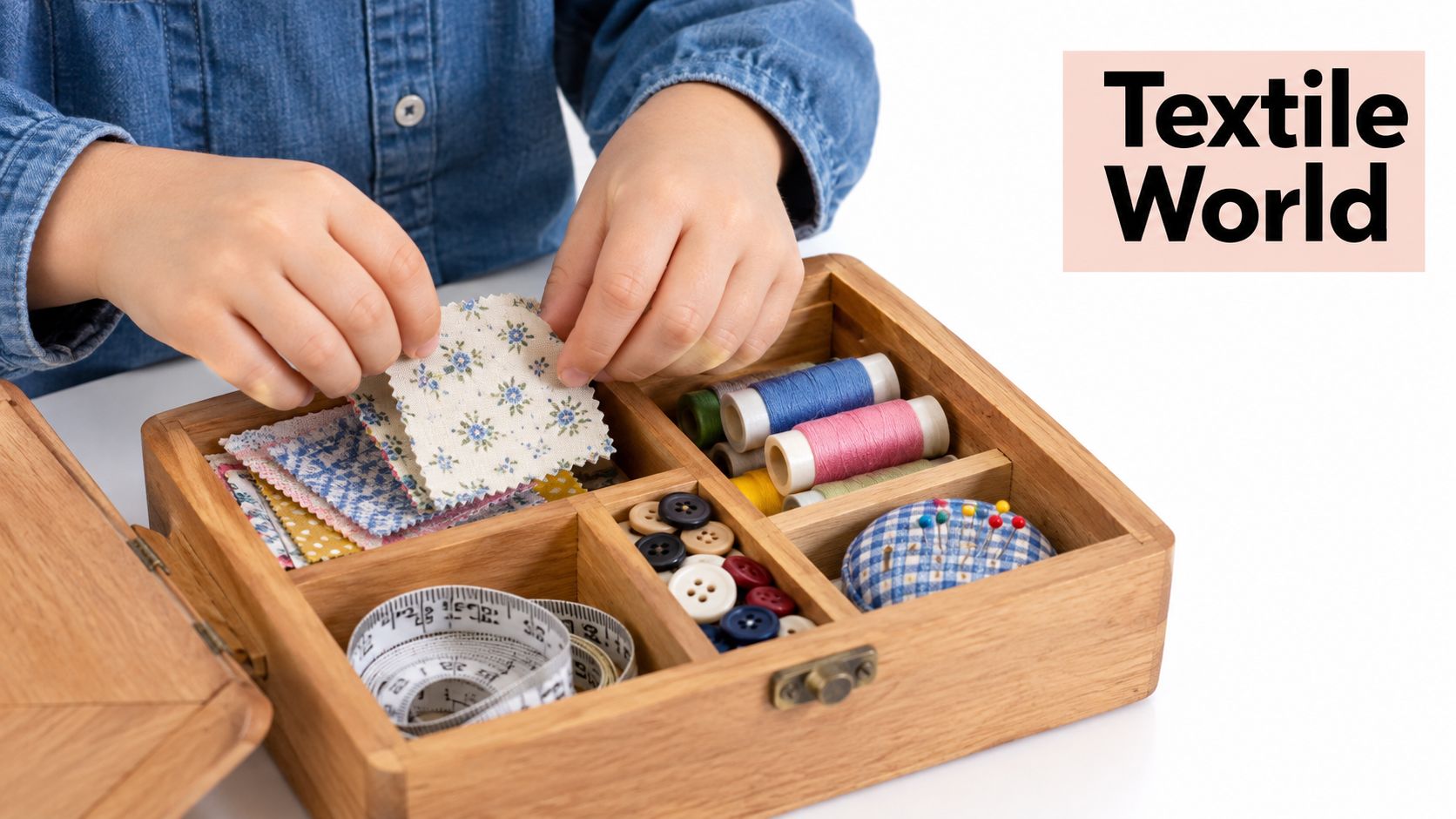 A child in a denim shirt selects small fabric squares from a wooden sewing box with supplies.