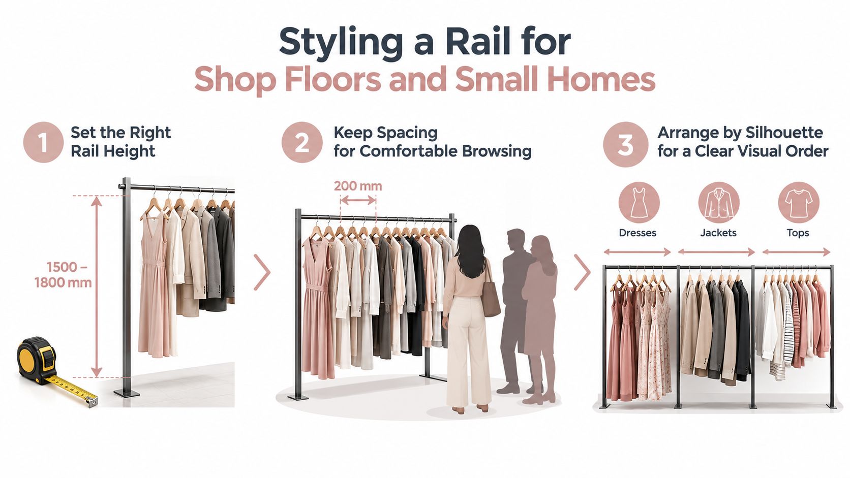 An infographic illustrating three essential tips for effectively styling a clothing rail for shops and homes.