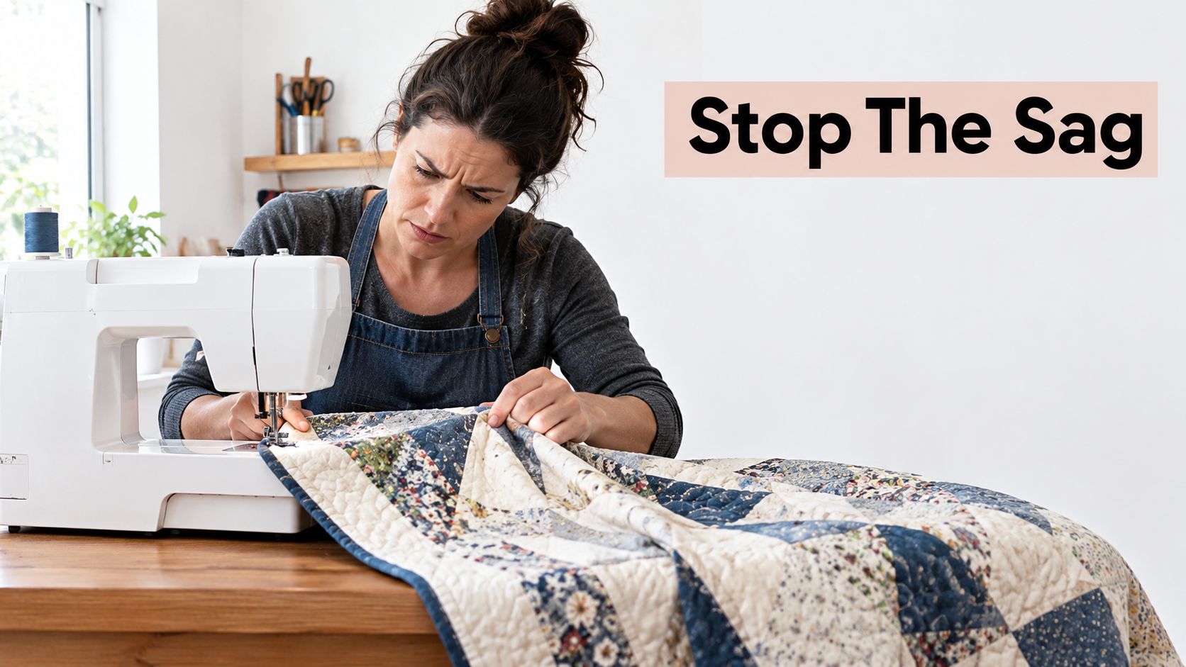 A focused woman using a sewing machine to work on a quilt at a wooden table.