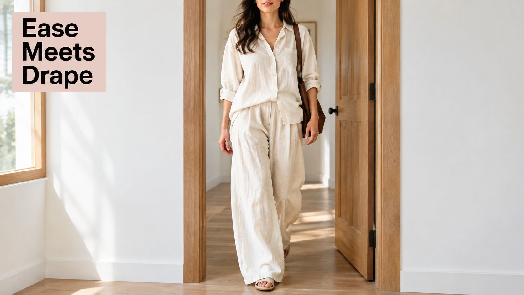 A woman walking through a wooden doorway wearing a beige linen button-down shirt and matching wide-leg trousers.