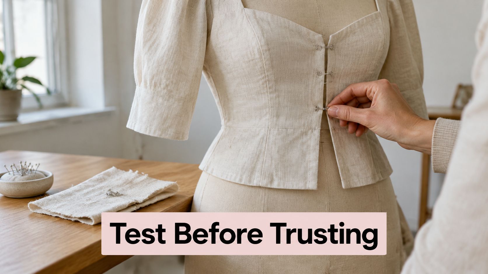 A hand fastens metal hook and eye closures on a beige linen bodice worn by a dressmaker's mannequin.