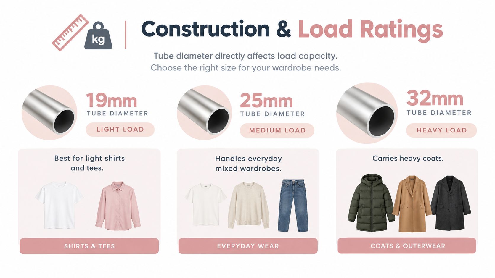 A diagram illustrating wardrobe rail tube diameters of 19mm, 25mm, and 32mm with corresponding load and clothing types.