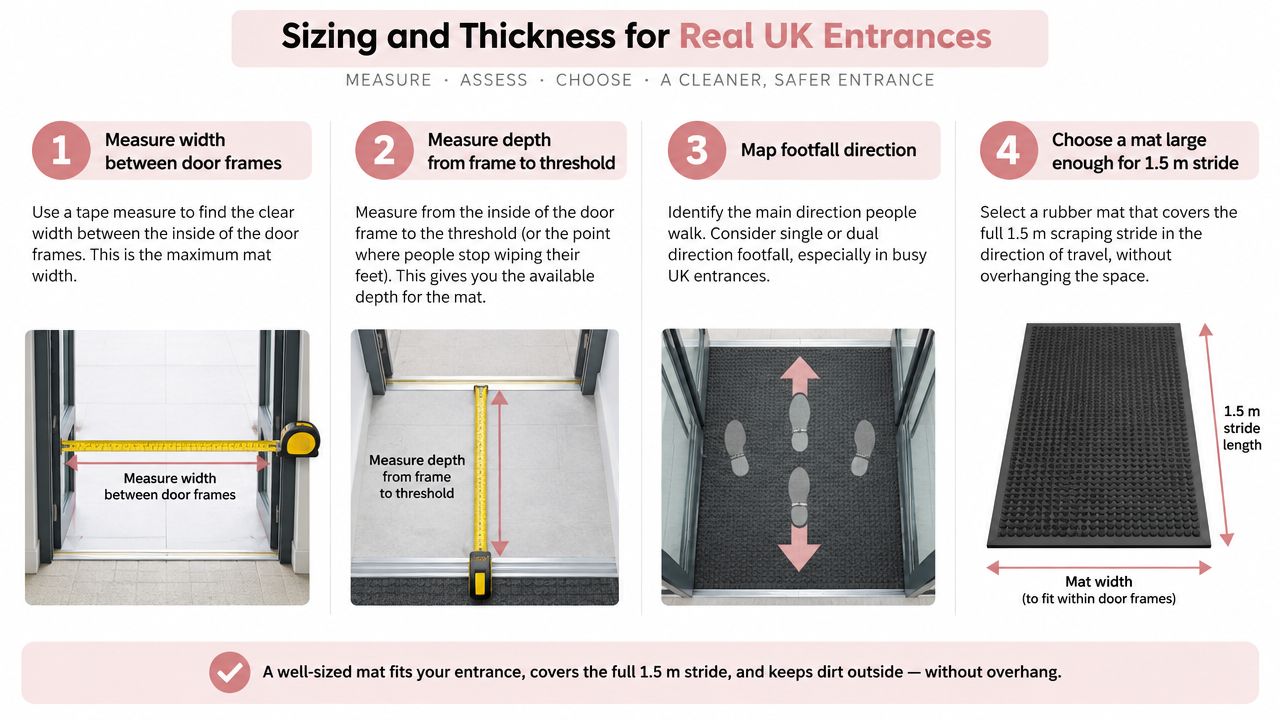 An infographic showing four steps to measure and choose the correct size for rubber outdoor doormats.