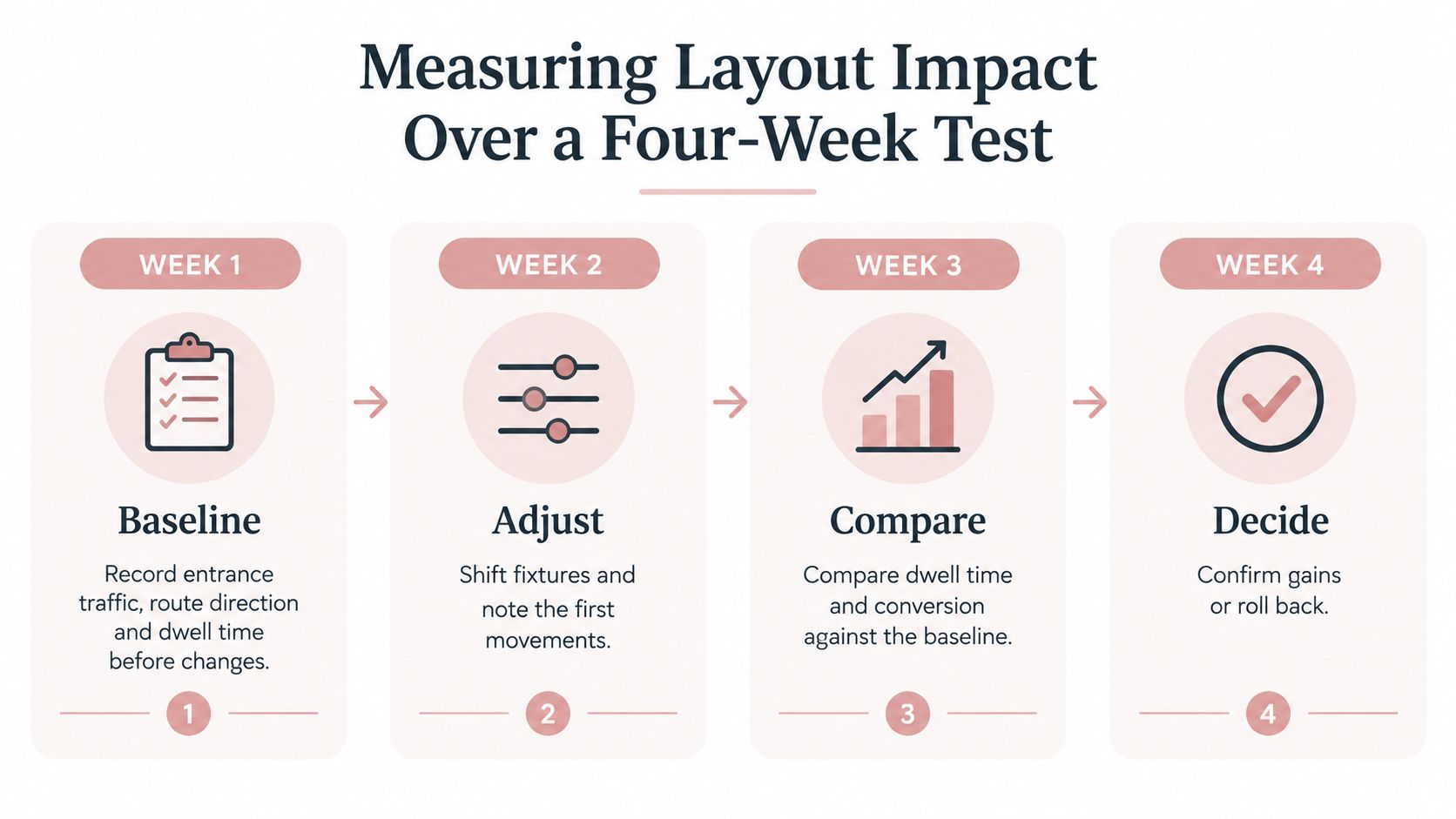 An infographic showing a four-week plan for measuring the impact of retail store layout changes.