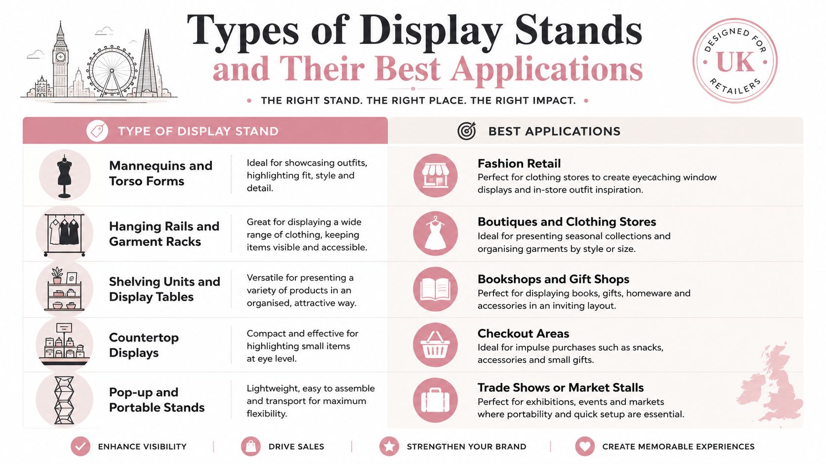 A helpful infographic outlining various types of display stands and their optimal retail applications for UK shopkeepers.