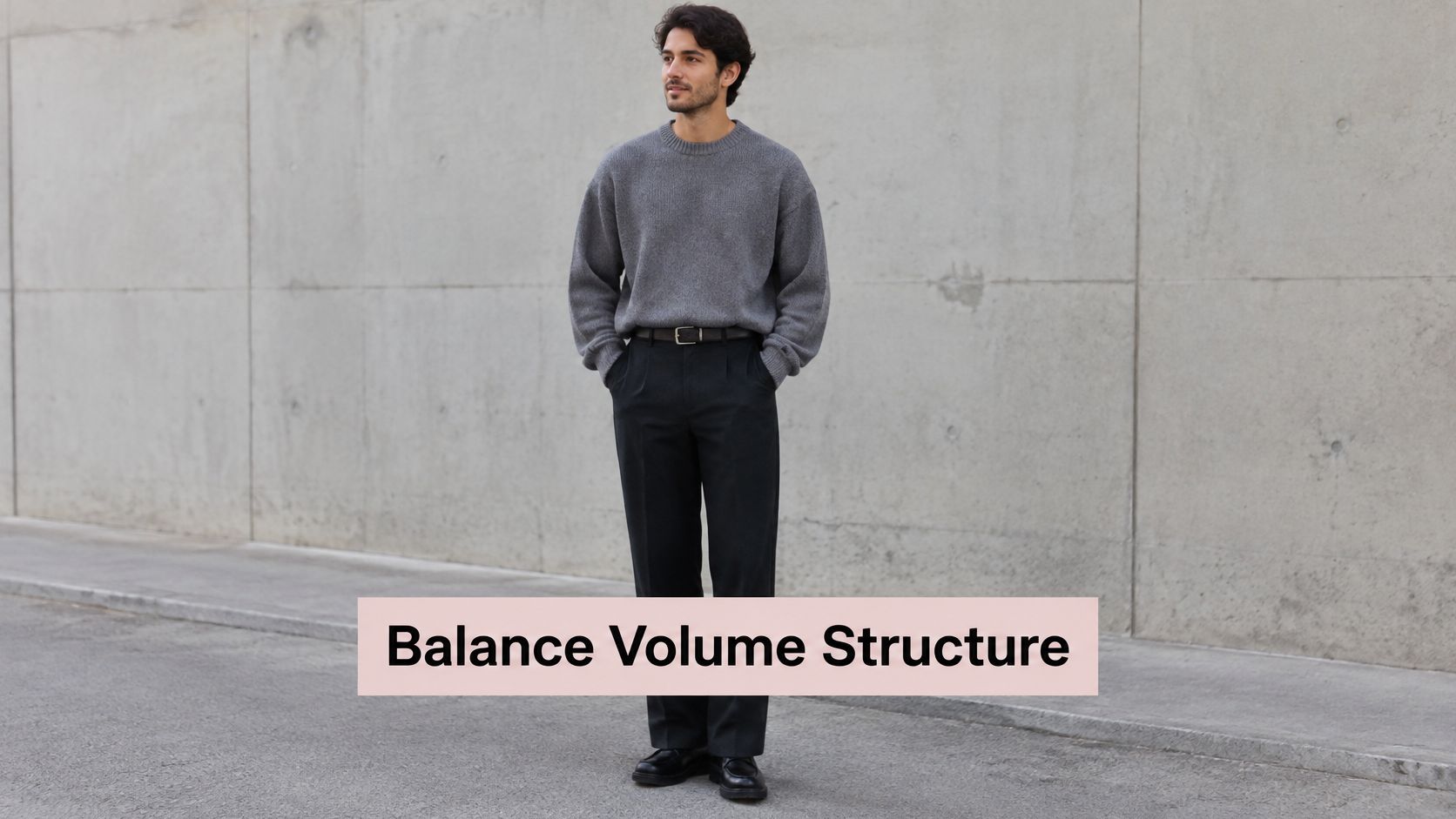 A stylish man wearing loose fitting clothes including a grey sweater and black trousers against a wall.