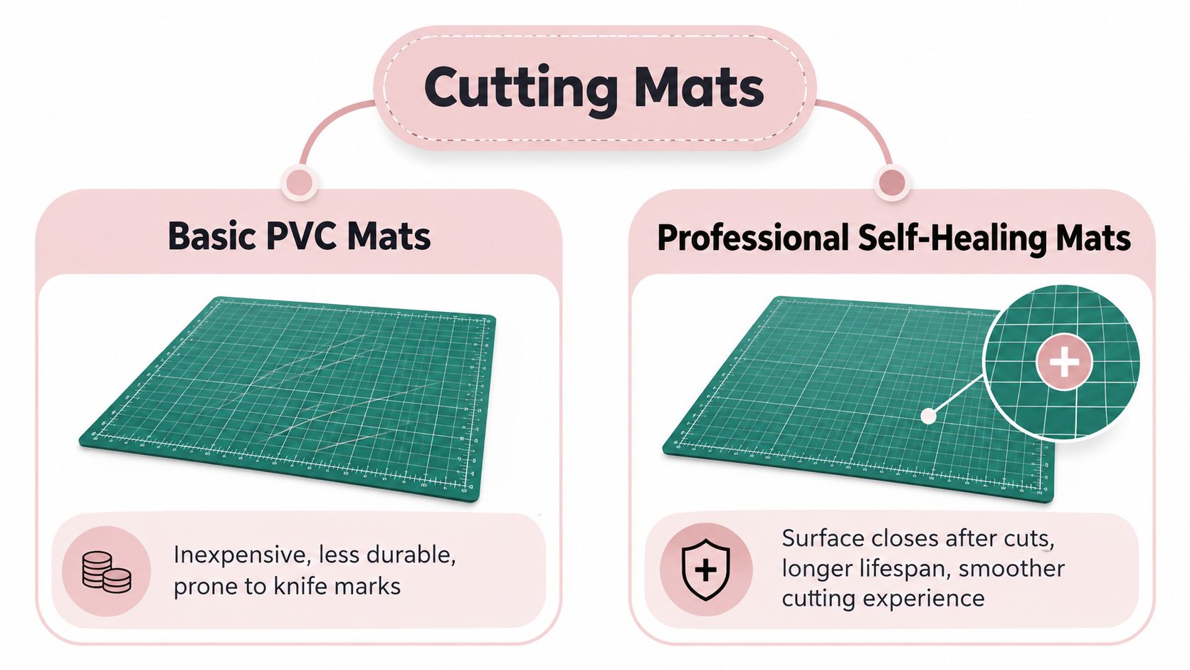 A comparison chart showing the differences between basic PVC cutting mats and professional self-healing cutting mats.