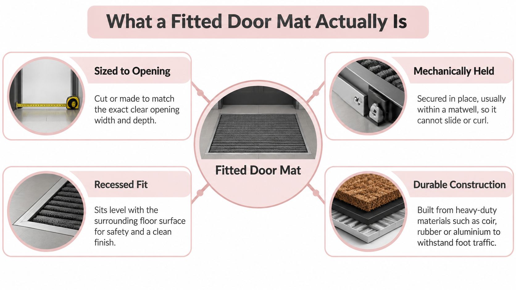 An infographic showing the four key features of a fitted door mat including custom sizing and durability.