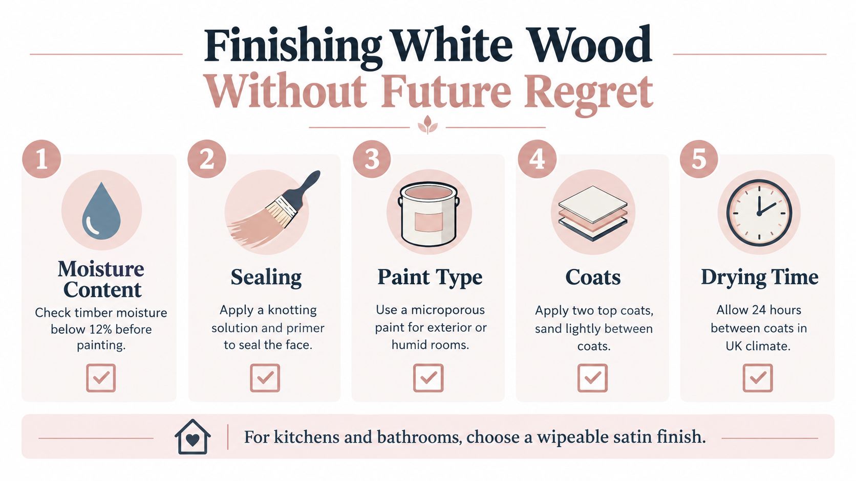 An infographic titled Finishing White Wood Without Future Regret detailing five essential steps for painting wooden surfaces.