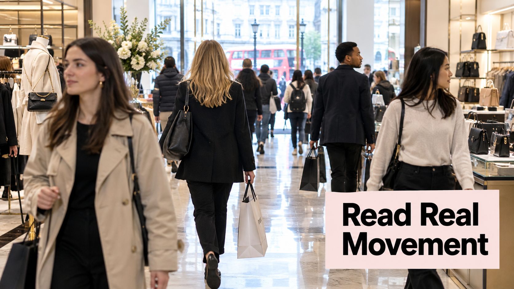 Shoppers walking through a high-end department store featuring luxury handbags on display and a bright interior