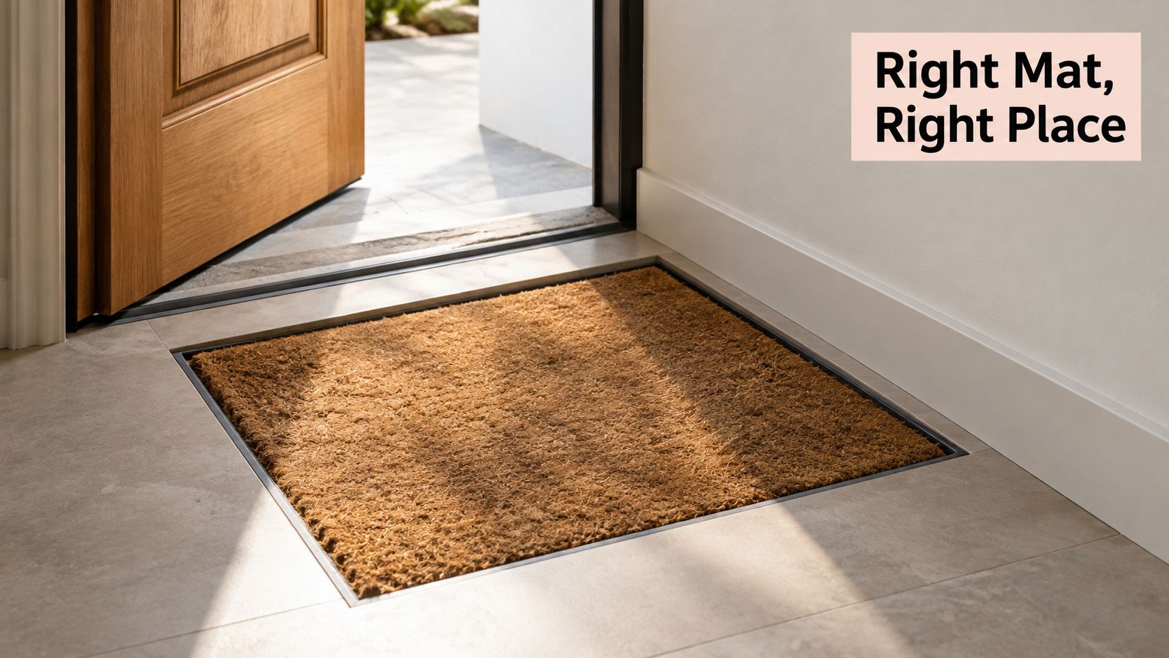 A high-quality coir door mat neatly recessed into a light-colored tile floor by an open entrance door.