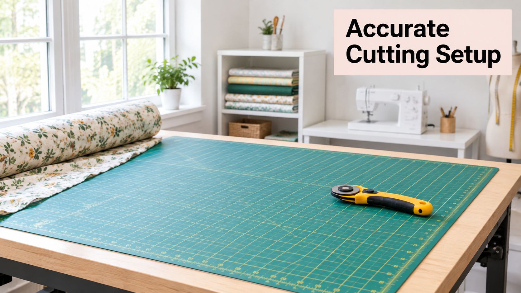 A professional sewing workstation featuring a large green cutting mat with a rotary cutter on a table.