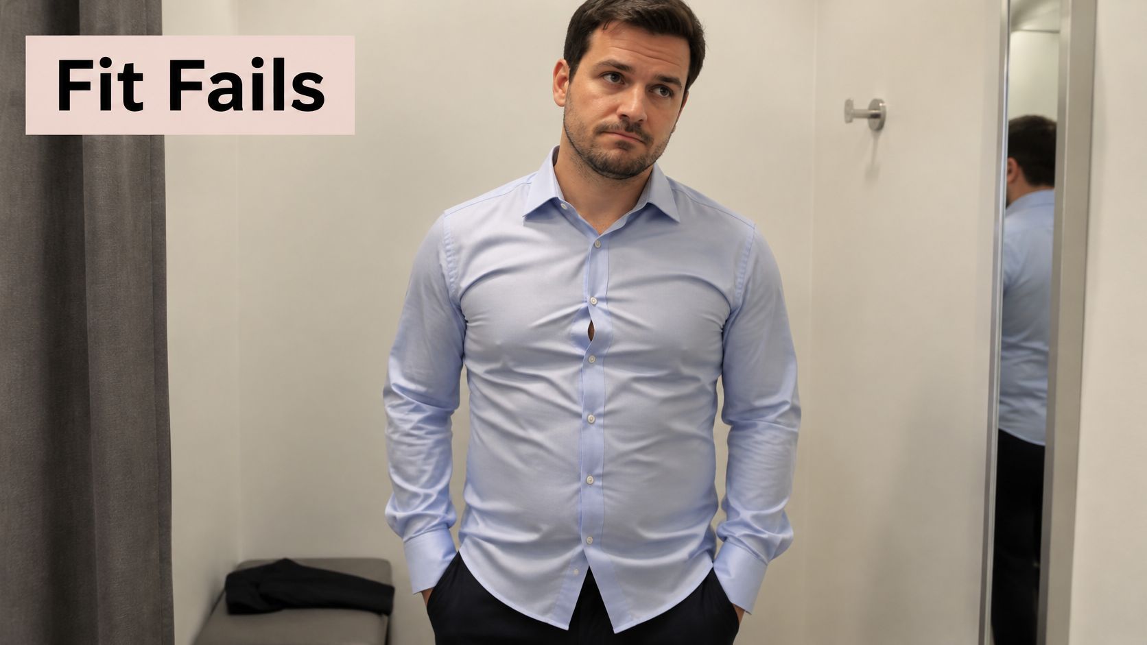 A man looking frustrated while wearing a light blue dress shirt that does not fit his chest.