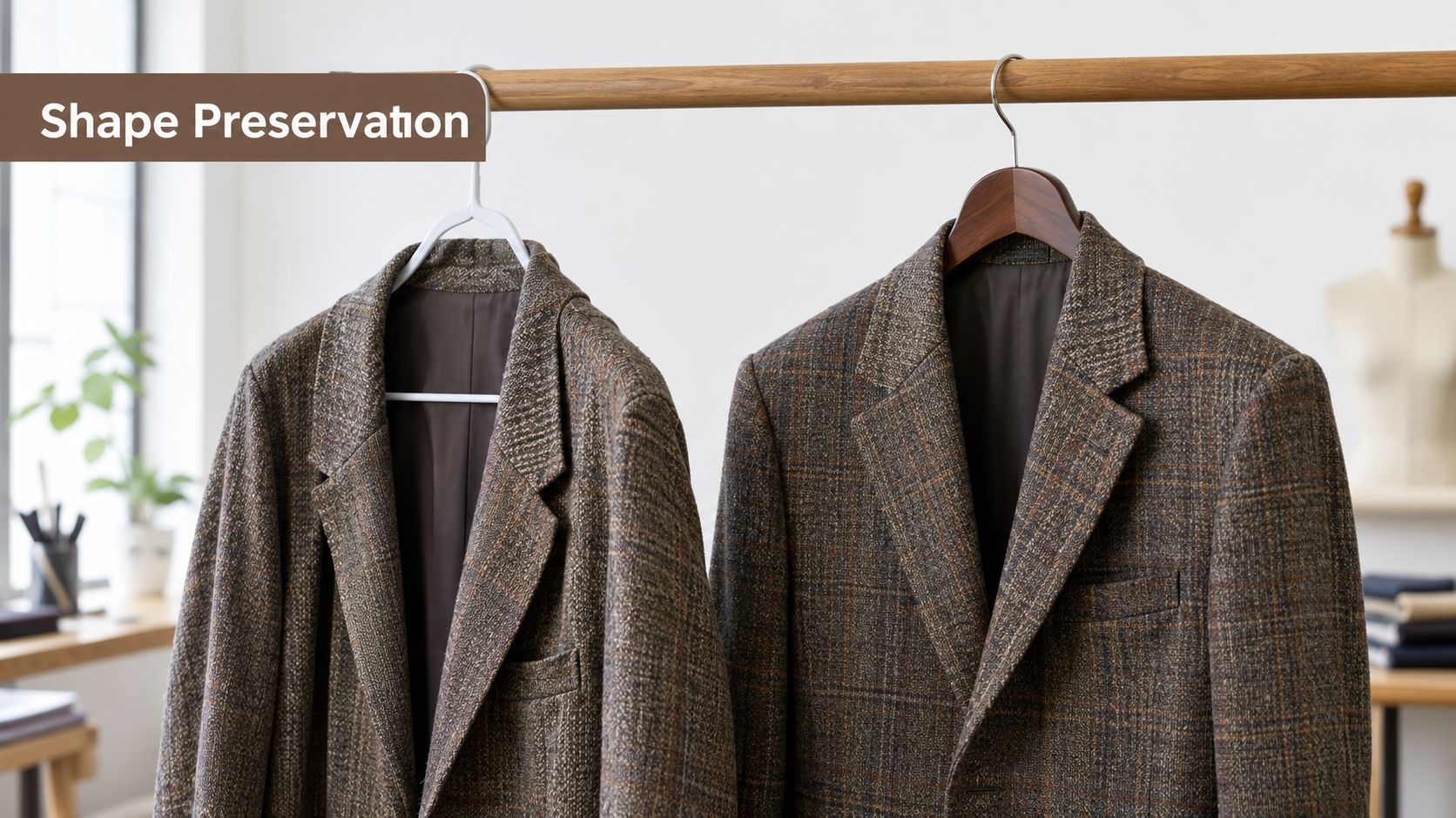 Two plaid tweed blazers hanging on dark wood hangers, illustrating garment care and shape preservation techniques.