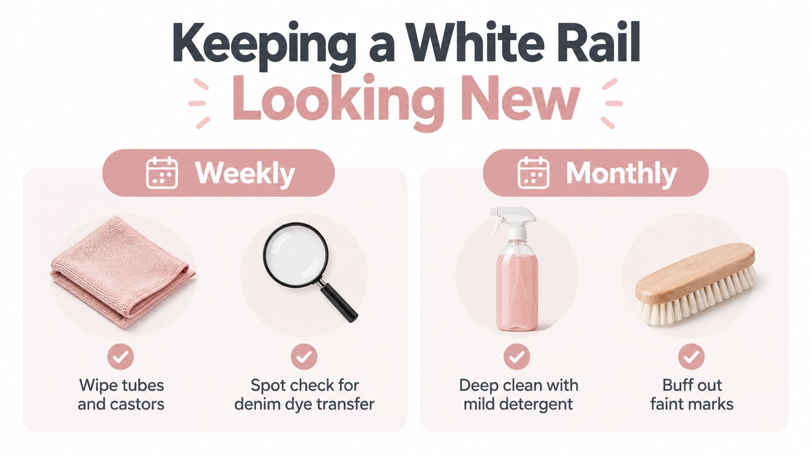 A maintenance guide for keeping white garment rails clean with weekly and monthly cleaning instructions.